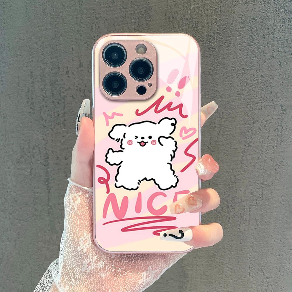 Cute NICE Puppy Mobile Phone Case Apple 17 Fashion Metallic Paint Glass iPhone15 Girls Protective Case 12pm