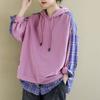 Plaid Stitching Fake Two-piece Long-sleeved Sweater Women's Spring Loose Hooded Mid-length T-shirt Top
