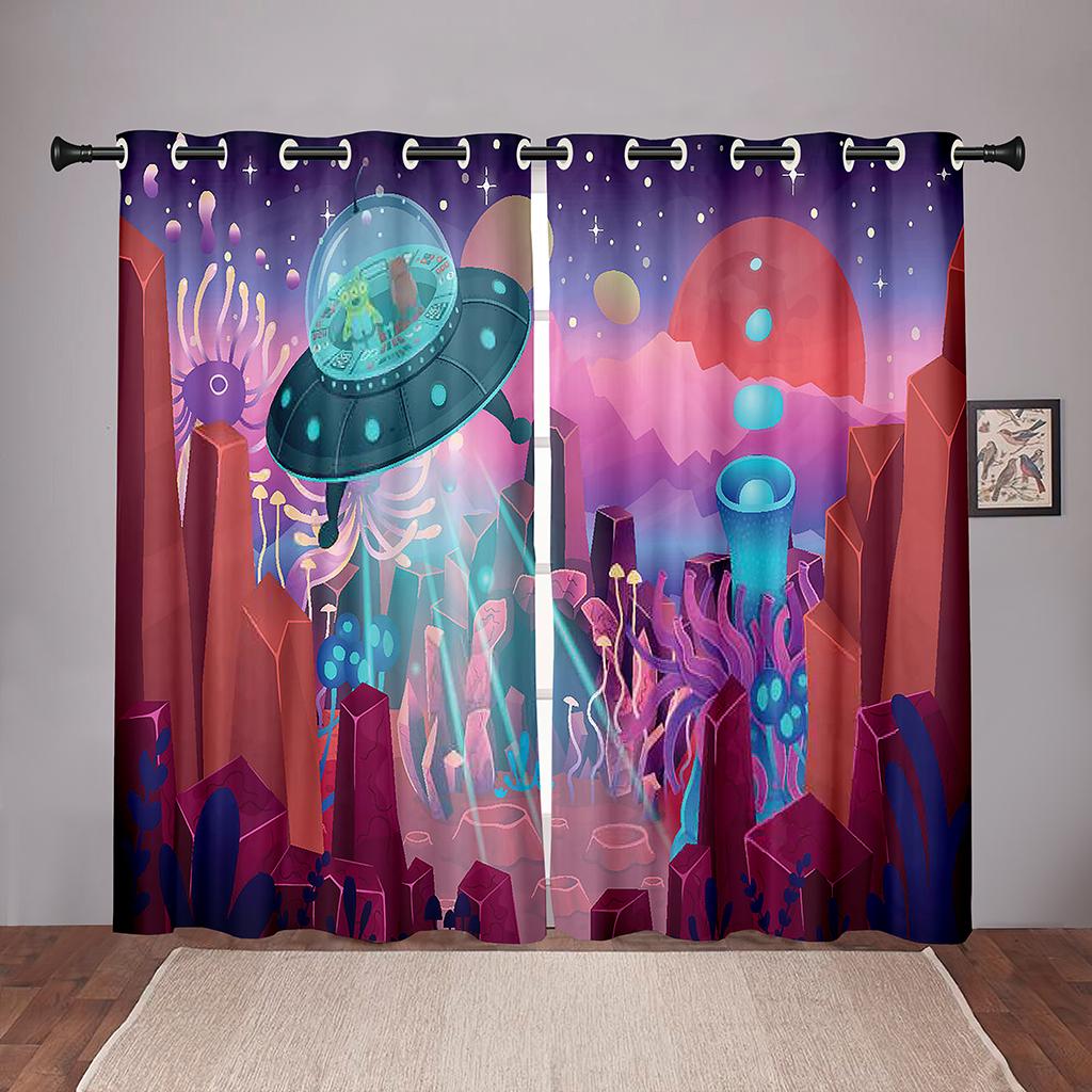 Thick 90% Shading 2PiecesCartoon Space Planet Universe Blackout Window Curtain For Bedroom Living Room Bathroom Kicthen DoorHall