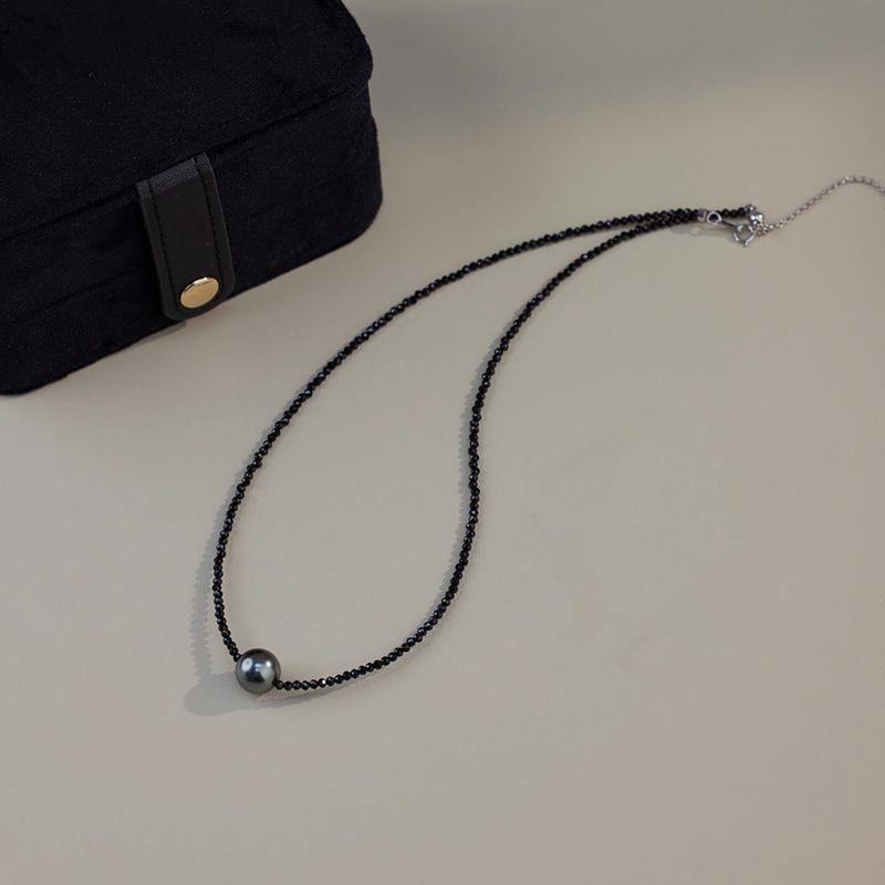 Tahitian Black Shijia Pearl Black Spinel Necklace Femininity Black Crystal Clavicle Chain Bracelet Set