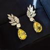 Feather Wing Multi Marquise Zircon Top with Big Pear Shape Yellow Gem Drop Earrings Silver Tone Formal Evening Banquet Ladies Accessories