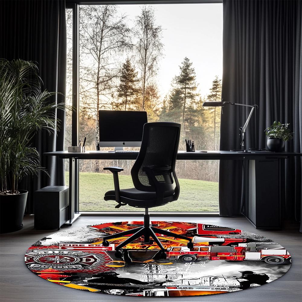 Fire Truck Printed Round Rug Carpet Chair Rug Area Rug Entryway Doormats,for Office Chair Living Room Bedroom Kitchen Room.