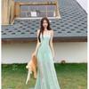 French beautiful waist pinch green suspender mesh dress women's 2026 new summer beautiful and thin long dress women's clothing