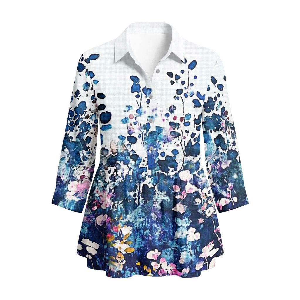 Women's Vintage Floral Print Button Down Blouse, 3/4 Sleeve Relaxed Fit Shirt