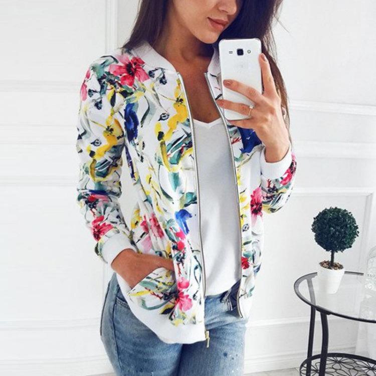 Retro Floraldruck Damen Jacke mit Reißverschluss Lässiger Mantel Oberbekleidung Tops