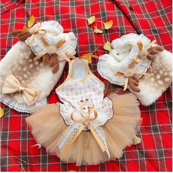 Pet dog clothes Autumn Winter Fluffy Deer Vest Dress Handmade for Small Medium Dogs Photography Costume for dog Cat Dog Set