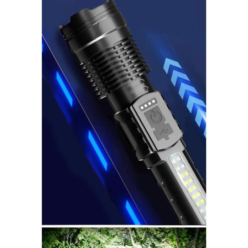 Lanternă LED Reîncărcabilă de Mare Putere cu Lumină Laterală, Lumină Tip Torță Pentru Camping în Aer Liber, Lumină de Drumeție, Lumină Intermitentă Puternică