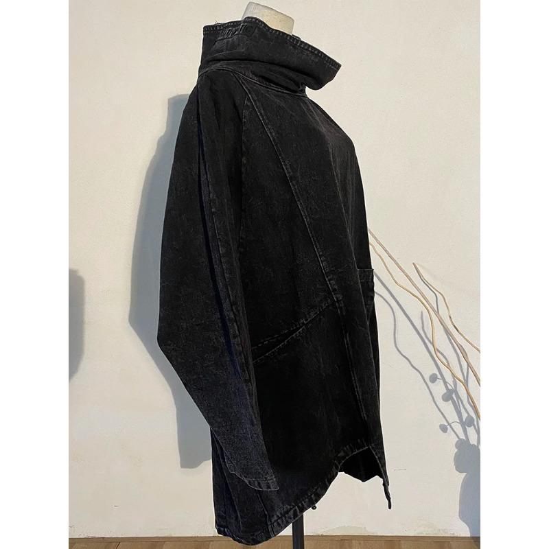 Dimanaf Loose Fit Black Denim Big Size Sweatshirt New High Collar Long Sleeve Women Big Size Fashion Spring Autumn 2024