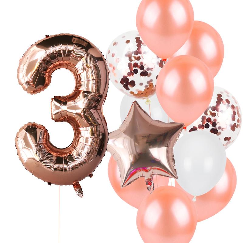 12pcs Rose Gold Number Foil Balloons Birthday Party Decoration Kids 1st First Baby Girl Princess 1 2 3 4 5 6 7 8 9 Years Old