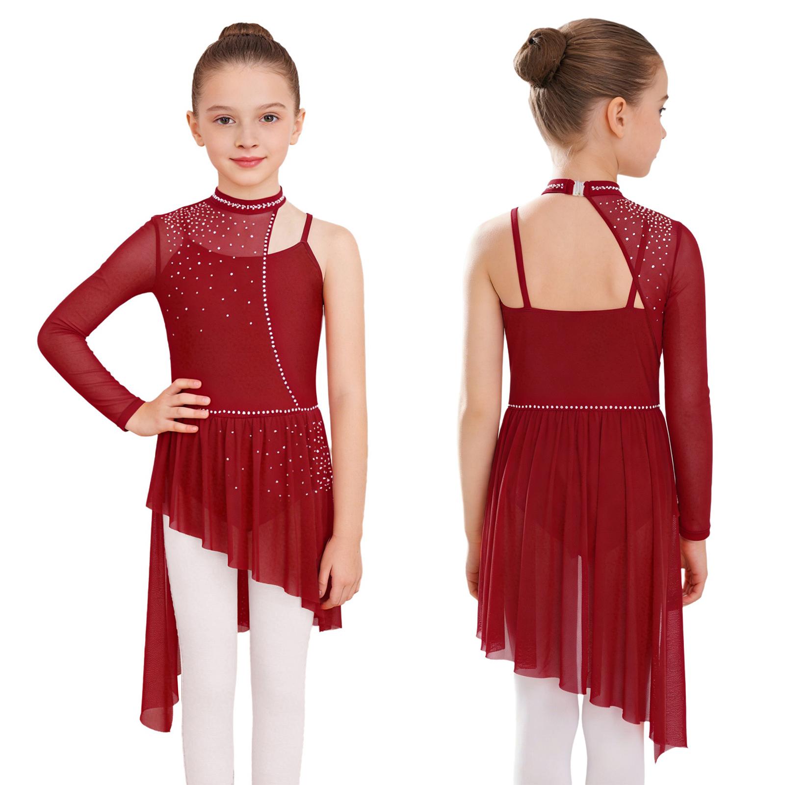 

Kids Girls Asymmetrical Lyrical Dance Dress One Shoulder Long Sleeve Spaghetti Straps Mesh Patchwork Irregular Hem Dancewear 5-6 Years бордовый