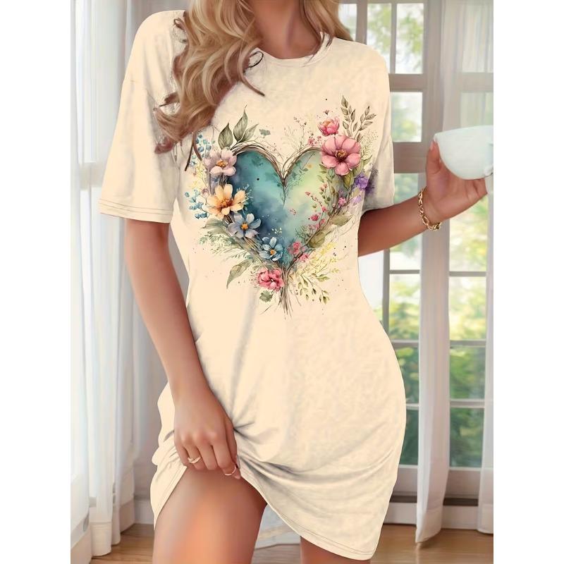 

Ladies Dress, Cute Girl Print, Round Neck Short Sleeved Dress, Casual Plus Size Dress M