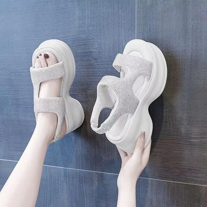 Fashion Chunky Platform Bling Sandals Women New  High Heels Sexy Elastic Band Sandals Wedge Sneakers 8CM Ladies Beach Summer Sandalias