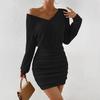 2024 Women's Brushed Stripe V-Neck Long Sleeve Waist Hip Dress for Autumn/Winter