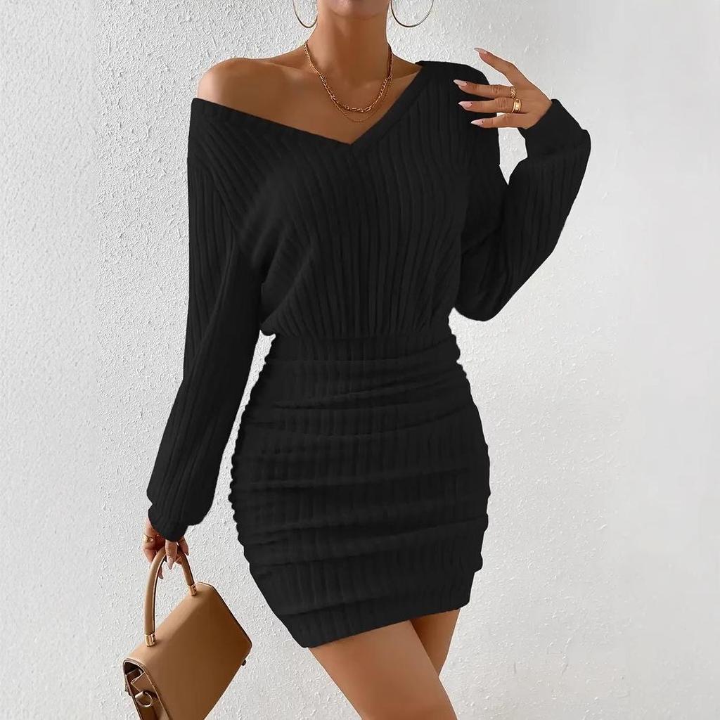 2024 Women's Brushed Stripe V-Neck Long Sleeve Waist Hip Dress for Autumn/Winter