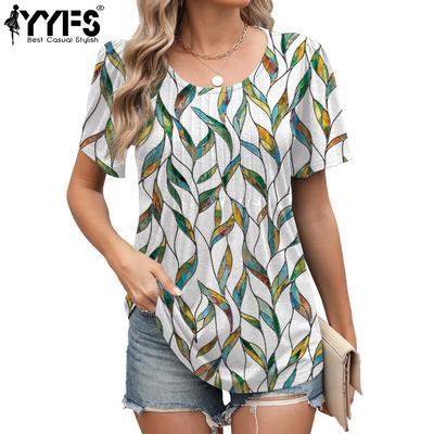 Women's Fashion Casual Summer Spring Flower Pattern Print Short Sleeve O-Neck Blouses & Shirts