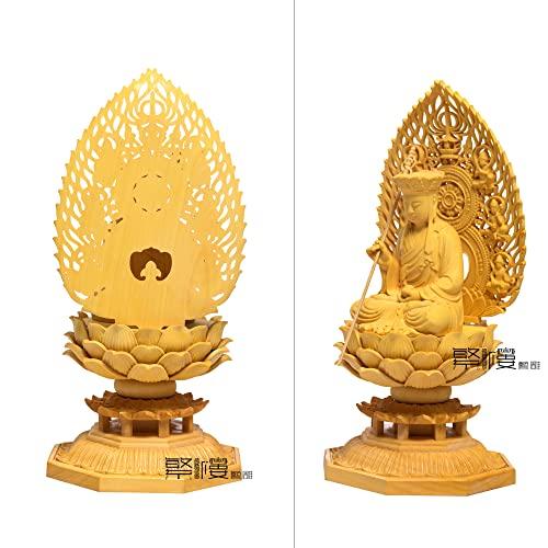 Hanro Art Carving Buddhist Statue, Jizo Bodhisattva, Buddhist Altar Statue, Wood Carving, Boxwood Ornament, Flying Celestial Being Halo, Octagonal Ped