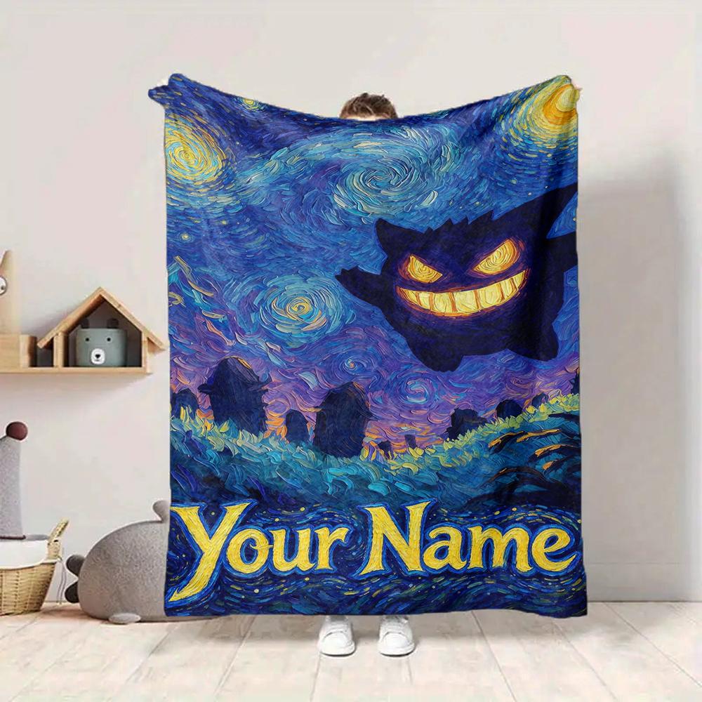 Custom 1Pc Starry Night Shadow Ghost Fleece Flannel Blanket Soft Warm Cozy Office Throw For Bedroom Couch Travel Birthday Xmas Gift