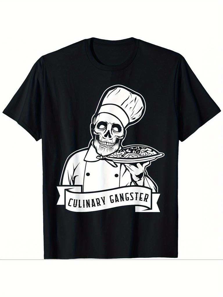 A Men'S Chef Skull T-Shirt - a Cartoon Print Short-Sleeve Round-Neck Top, Suitable for Chefs in The