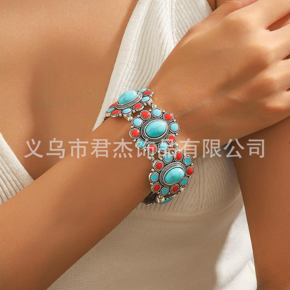 European and American Ethnic Style Personalized Retro Alloy Turquoise Elastic Bracelet Women's Bohemian Bracelet Jewelry