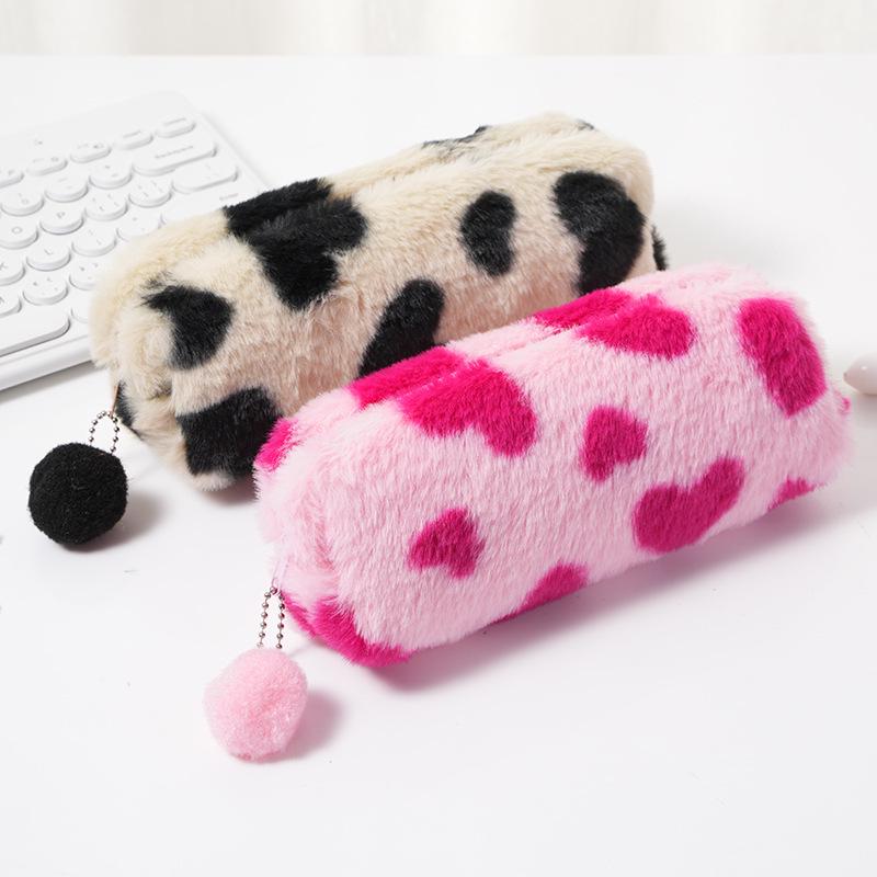 Leopard Heart Plush Pencil & Makeup Bag for Students