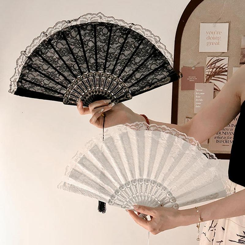 Retro Flower Folding Fan Hand Fan Lace Fan Chinese Japanese Classical Dance Fan Anniversary Wedding Party Dancing Props Gift Fan