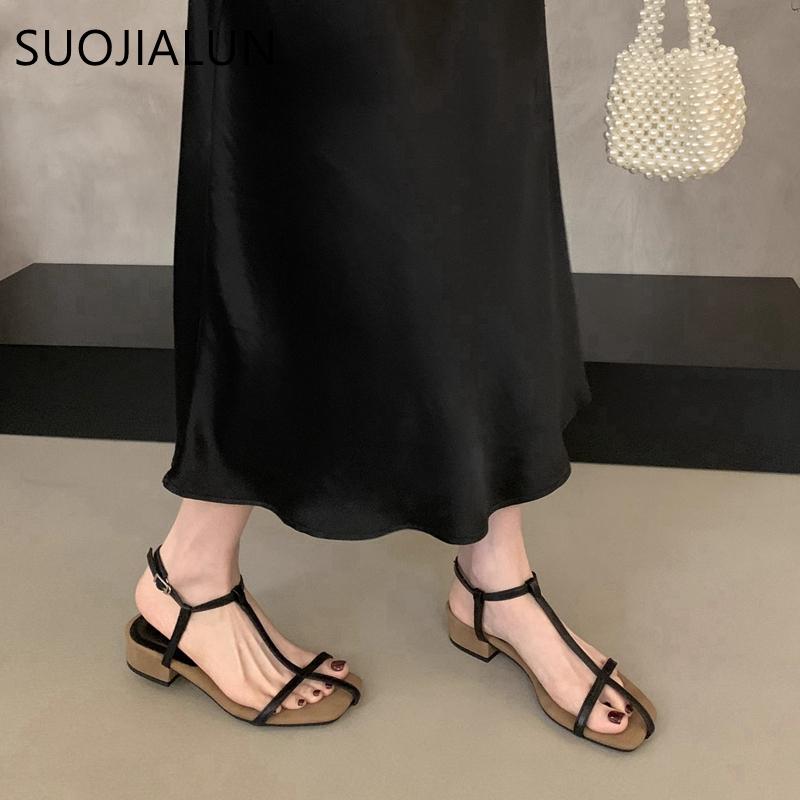 Fashion SUOJIALUN Summer New Brand Women Sandal Shoes Fashion Narrow Band Ladies Elegant Gladiator Shoes Square Low Heel Dress Slides