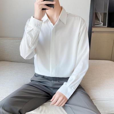 Men's British-Style Elegant Coffee-Colored Ice Silk Chiffon Autumn Shirt with Long Sleeves