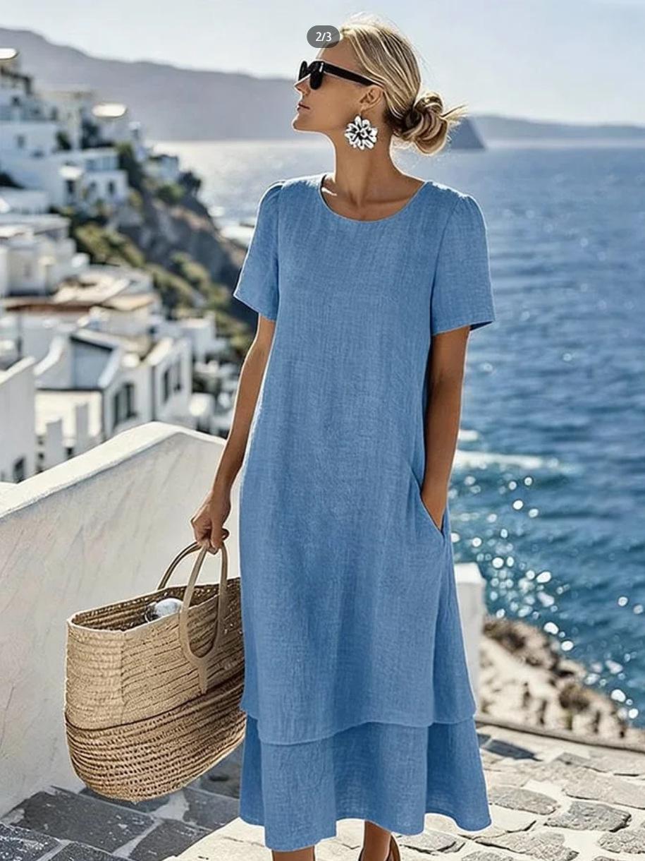 

2026 Double-Layer Round Neck Short Sleeve Casual Women s Spring/Summer Dress Large