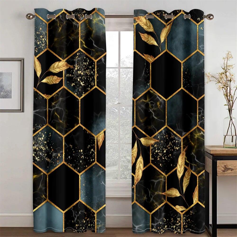Cheap Modern Green Marble Honeycomb Plaid Gold Leaf 2 Pieces Thin Shading Polyester Curtain Living Room Bedroom Home Decor Hook