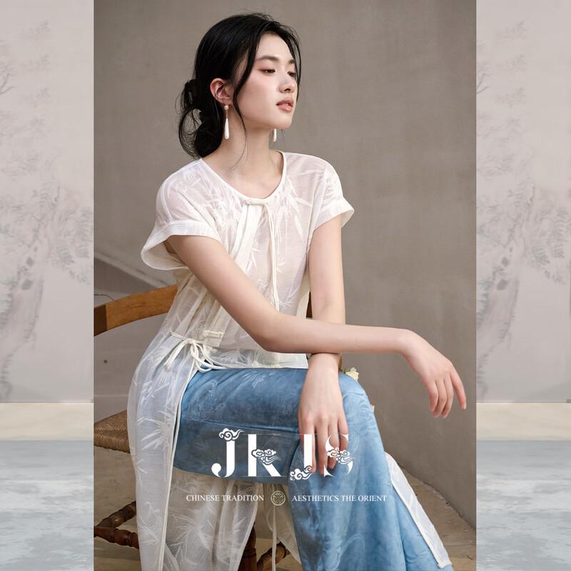 JK&JS New Chinese Style Knit Jacquard Semi-Sheer Mid-Length Shirt M