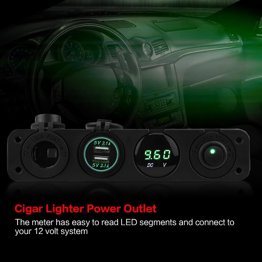 12 24V Green LED Dual USB Charger Voltmeter Cigar Lighter Power Outlet 4 Hole Panel Switch