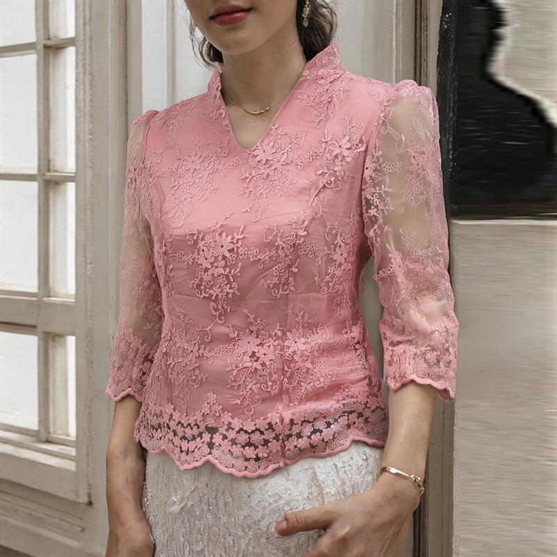 ZANZEA Women Summer V-Neck 3/4 Sleeve Lace Waist Blouses