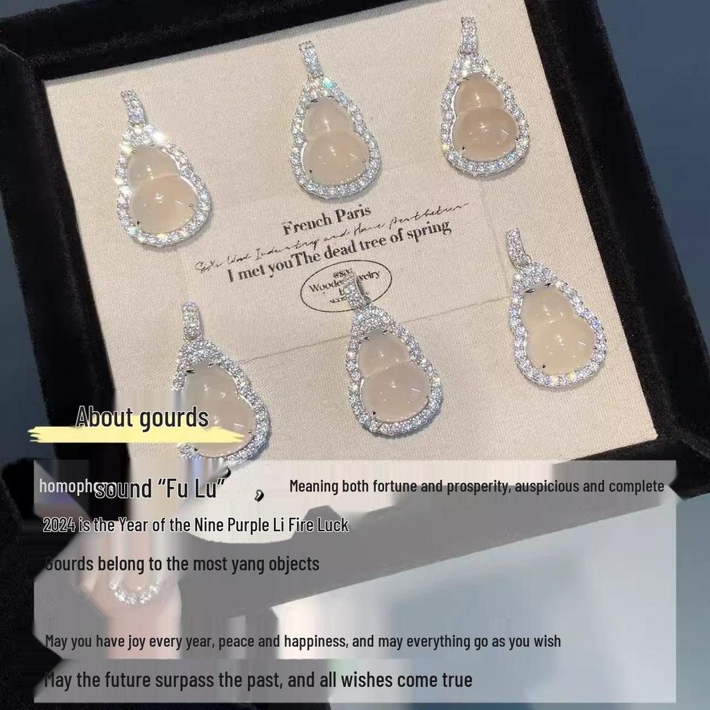 Baishi Hui Natural Chalcedony Fu Lu Gourd Necklace in s925 Sterling Silver Women's Clavicle Chain