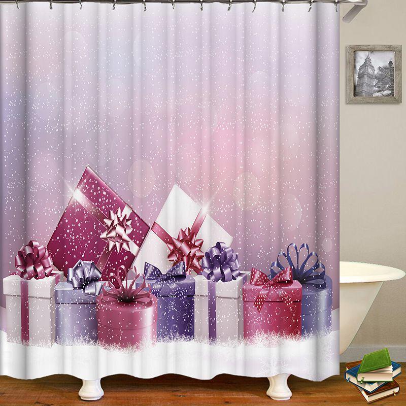 Festive Christmas Gift Boxes In Snow Shower Curtain Waterproof Fabric With Hooks
