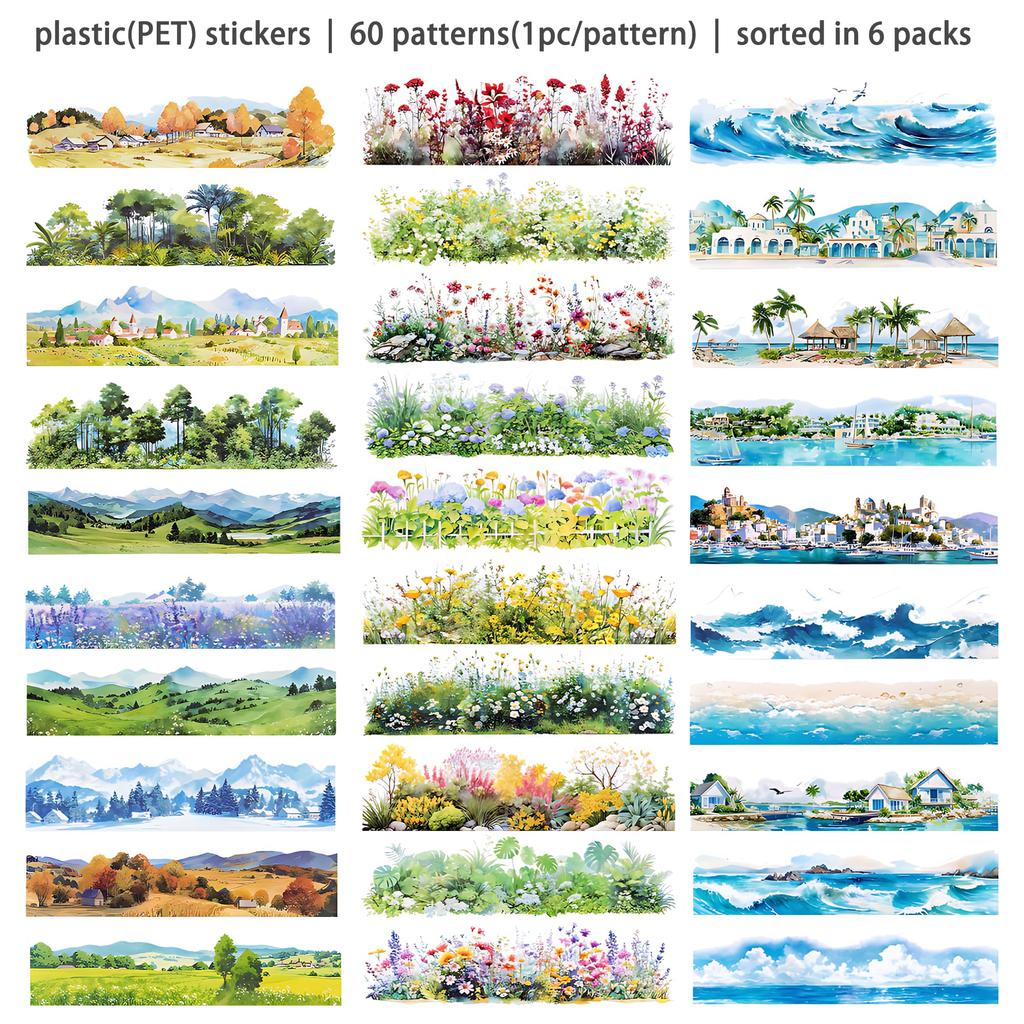 Watercolor Scrapbook Stickers Transparent PET Strips 55 x 180mm with Cherry and Ocean Decorative Stickers for and Card Making 6-Pack - Nature, City,