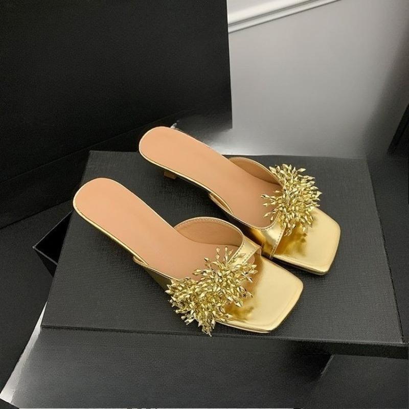 Fashion Summer New French Rhinestone Flower Block Heel Slippers for Women Open Toe Non-slip High Heel Slippers