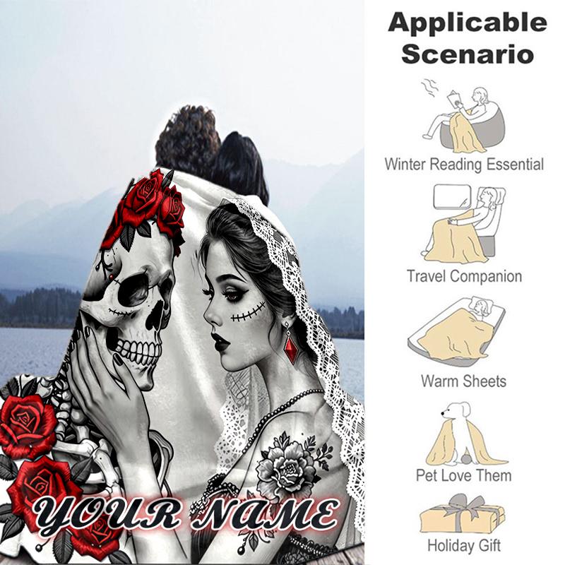 1PC Custom Name Day Dead Romance flannel blanket versatile,all-season throw suitable for the living room,bedroom,camping,travel,and gift