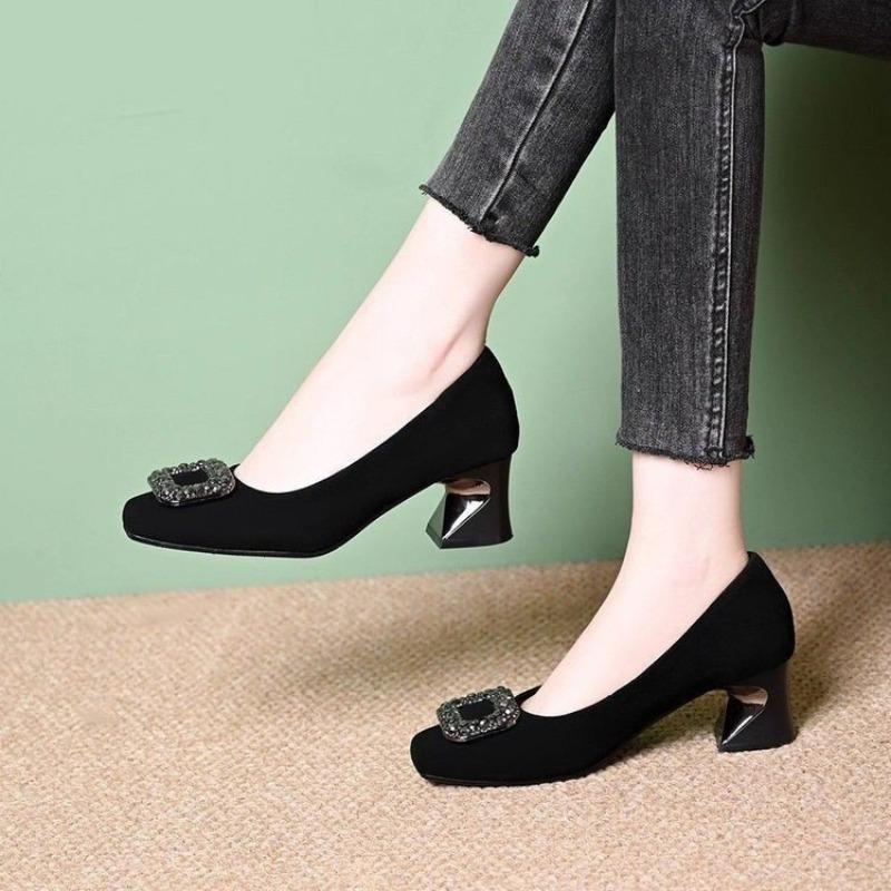 Square buckle rhinestone square head shallow mouth single shoes women's new autumn thick heel not tired feet black high heels