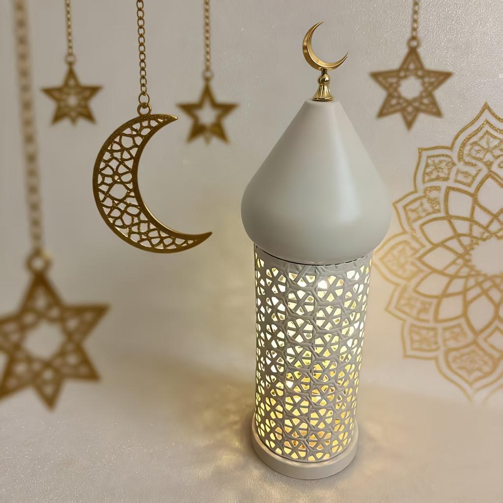 Ramadan Kareem Lantern Set White Moroccan Style Metal Hollow with Golden Crescent Moon Mubarak Home Tabletop Festival Decor
