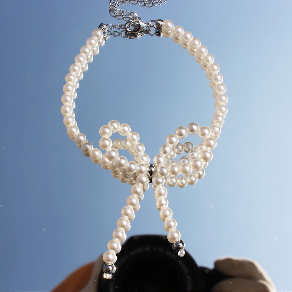 French Gentle Temperament Highlight Shijia Pearl Bow Necklace Bracelet Earrings Ring Four-Piece Set Women 999