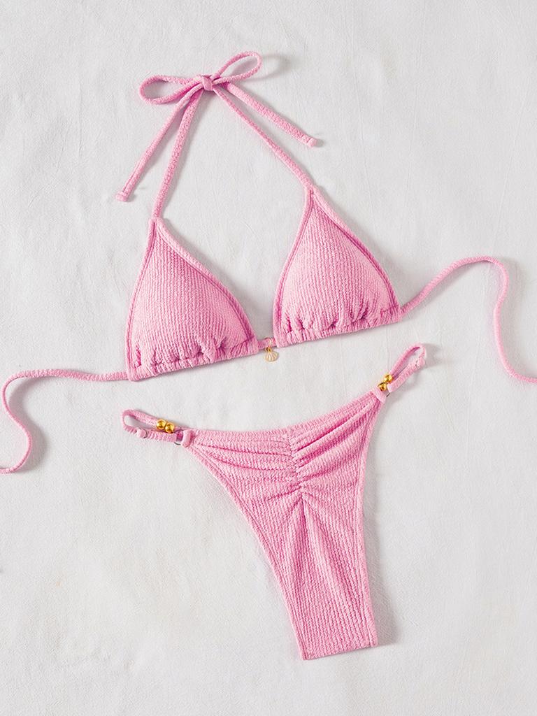 Solid Ruched Tie Sexy Two Piece Bikini Elegant Comfortable For Beach Vacation