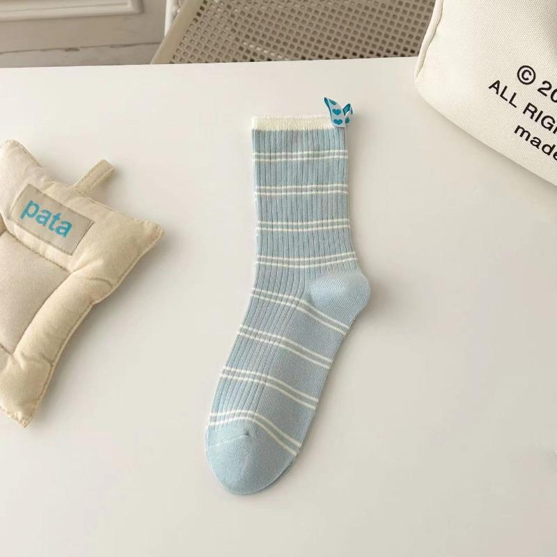 5 Pairs of New Female Spring and Summer Striped Heel Cloth Label Long Tube Pile Socks