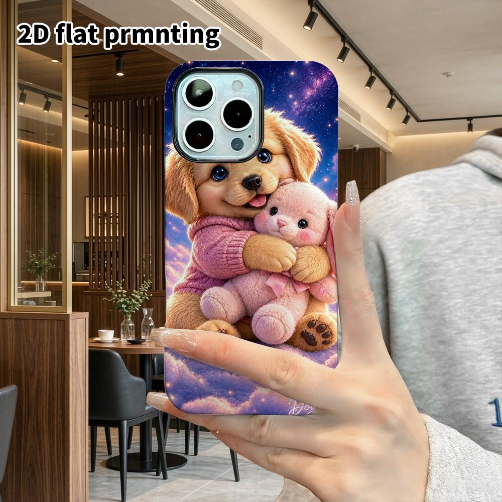 Phone Case: 2D flat design suitable for iPhone 18 17 16 15 14 13 Pro film protective case, couple style, golden retriever hugging a plush toy, Christm