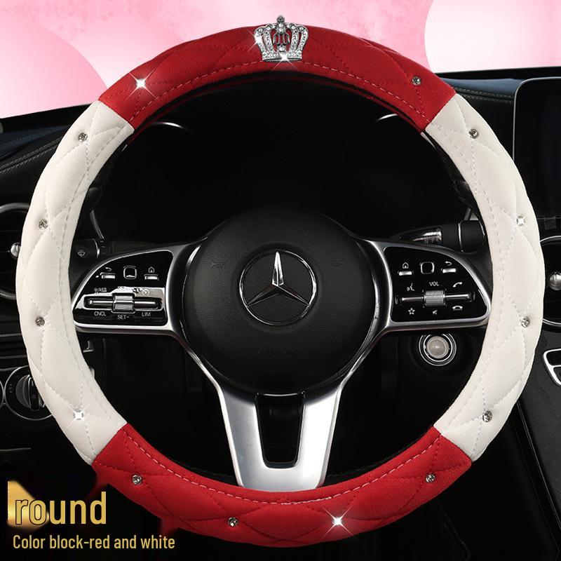 All-Season Suede Steering Wheel Cover with Rhinestones and Crown for Cars, Trucks & SUVs