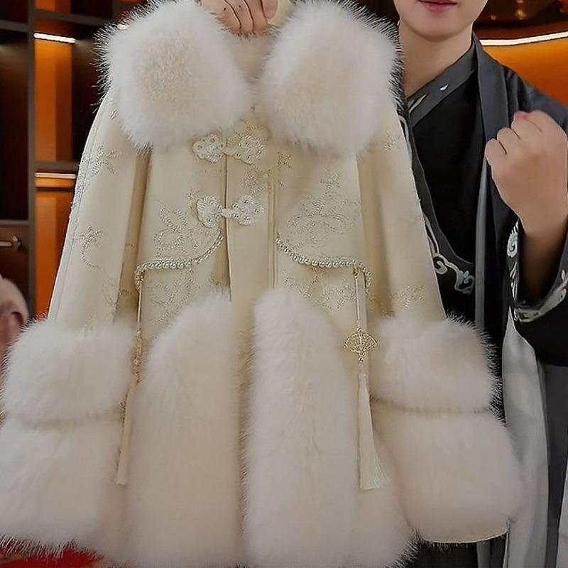 Zimní kabát z liščí kožešiny, vyšívaná ovčí kůže, módní, zateplený, dámské svrchní oblečení, teplá vatovaná bunda