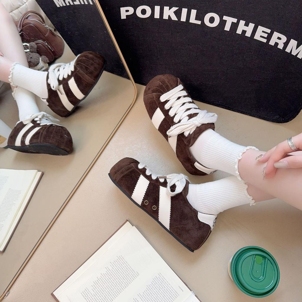 2025 New French Retro Single Shoes Soft Leather Big Head Platform Women's Shoes Suede Round Head Lace-up Versatile Casual Fashion