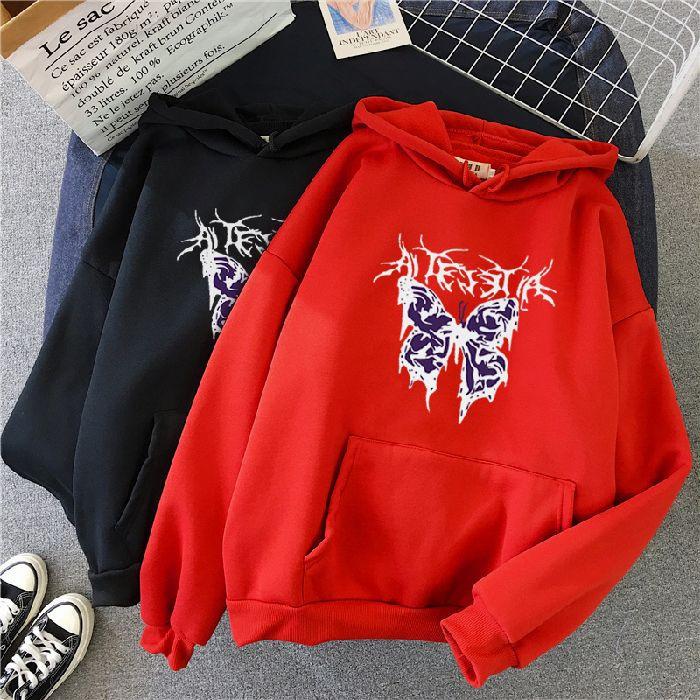 Punk big butterfly sweatshirt Harajuku dark sweater aesthetic fleece hip hop gothic streetwear hoodie