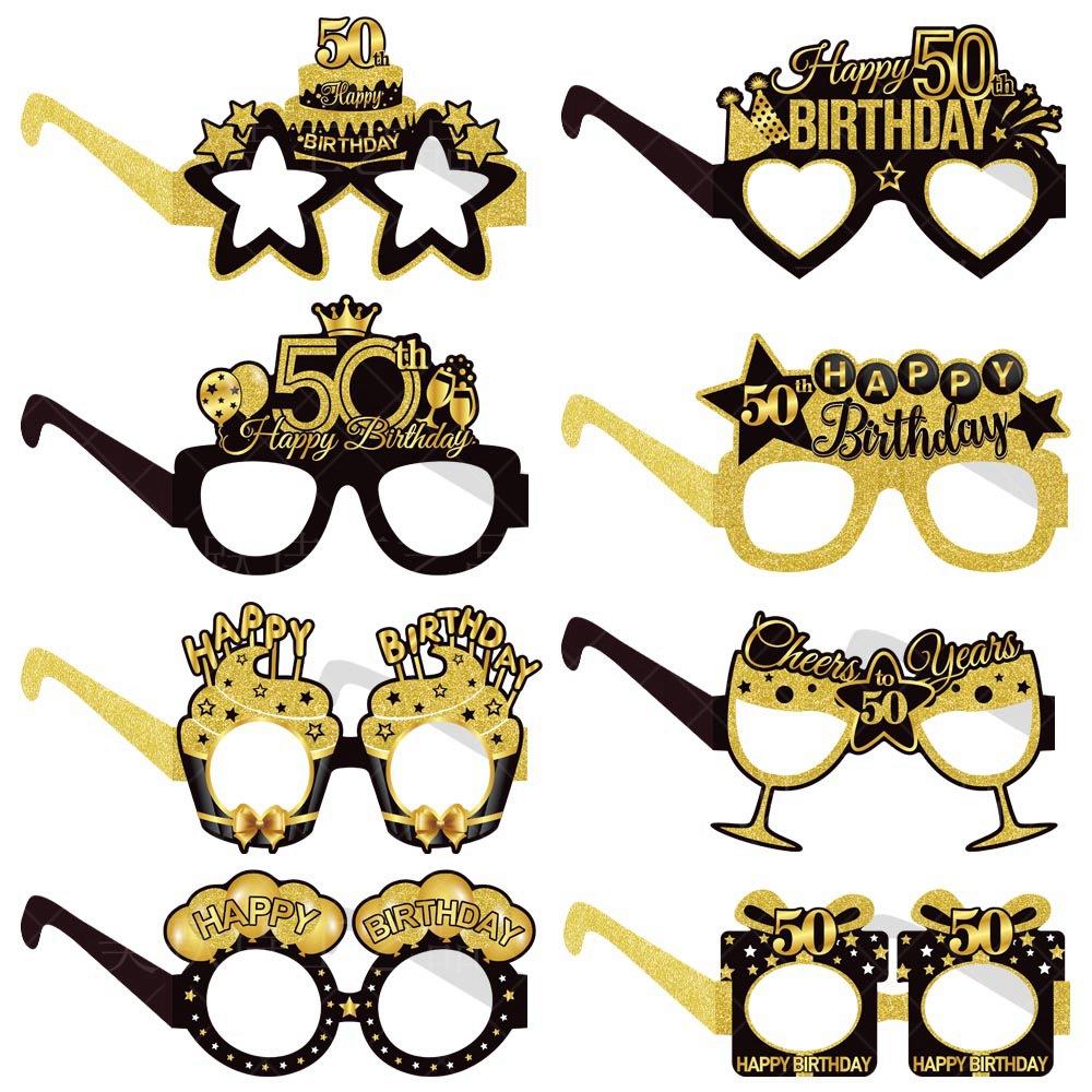 16pcs Amazon's New Product Birthday Party Decoration Paper Glasses - Black and Gold 18-year-old and 60-year-old Birthday Photo Props Glasses