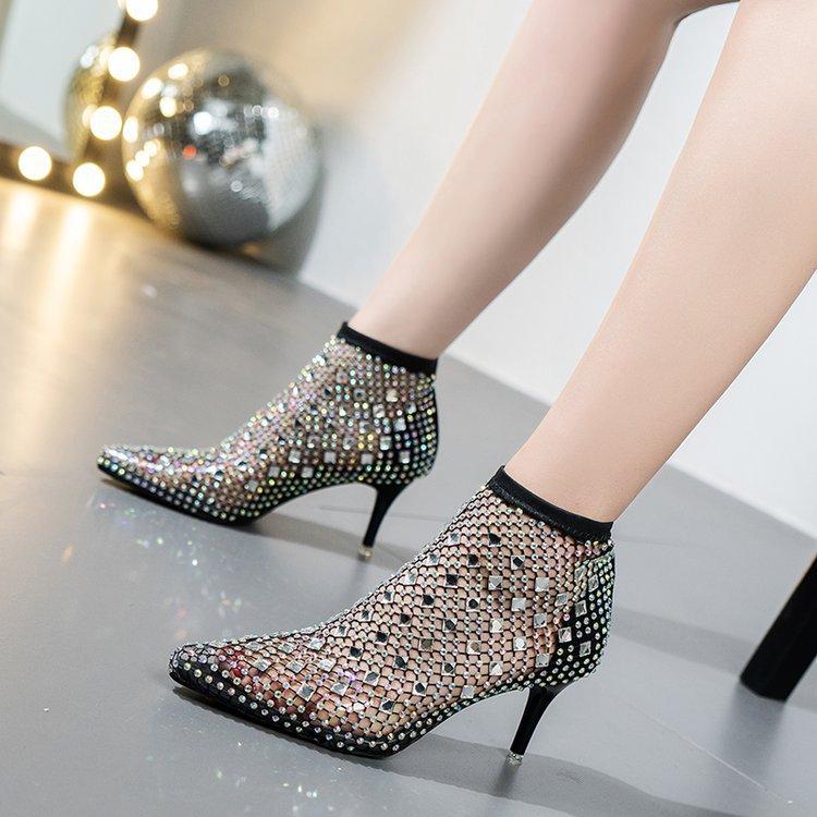 Summer Women Short Boots Fashion Pointed Toe Shing Rhinestone Sandals New Sexy High Heeled Shoes Women Cool Ankle Boots