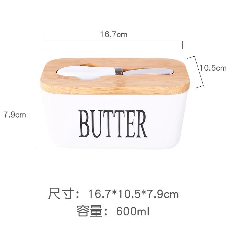 Wooden Cover Ceramic Butter Box with Spatula Knife Sealed Fresh Butter Box Multicolor Rectangular Sealed Kitchen Storage Box